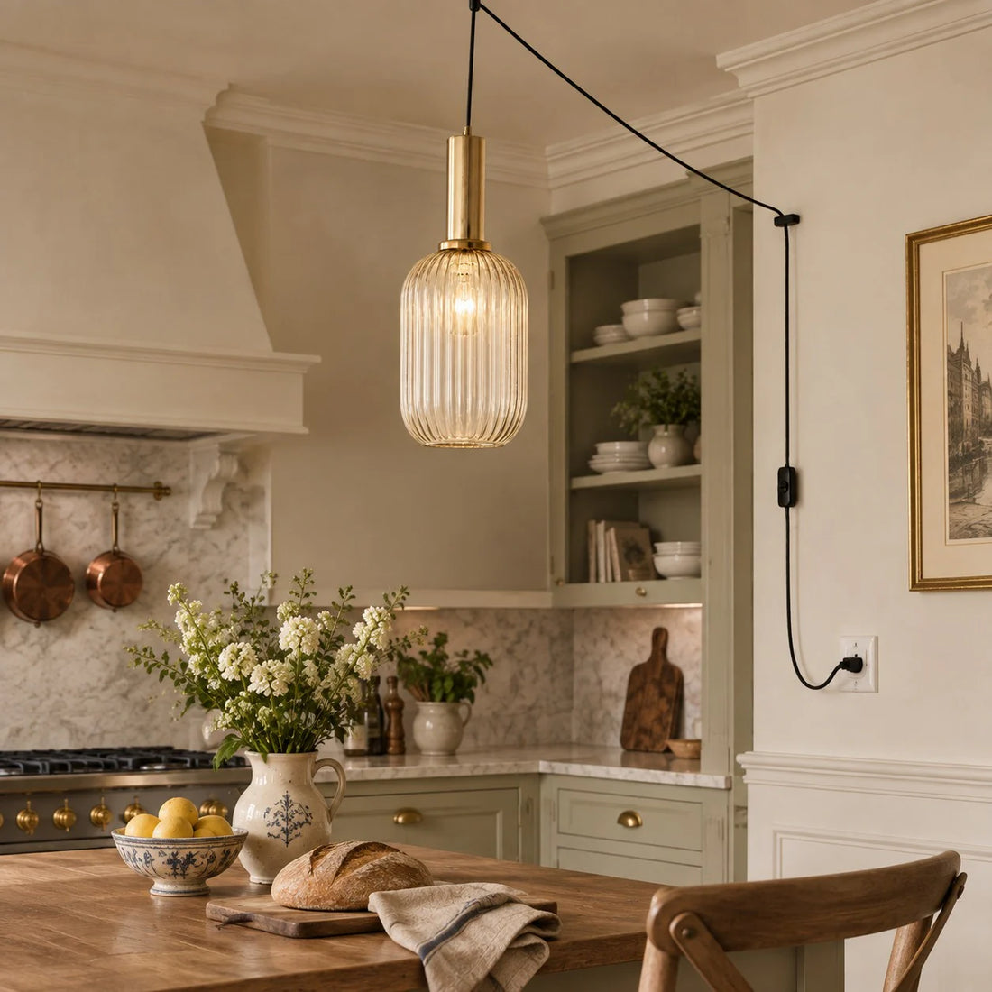 Retro ribbed glass plug-in pendant light in a home interior