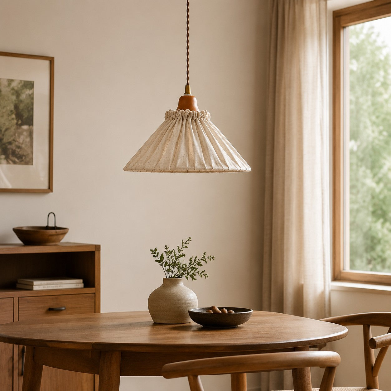 Pleated linen pendant light over a round wood dining table beside a bright window
