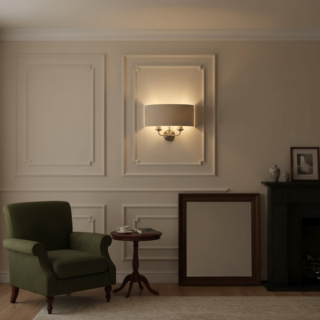 Tela Classic Wall Sconce with Fabric Shade – Elegant Metal Finish Wall Light for Living Room / Bedroom