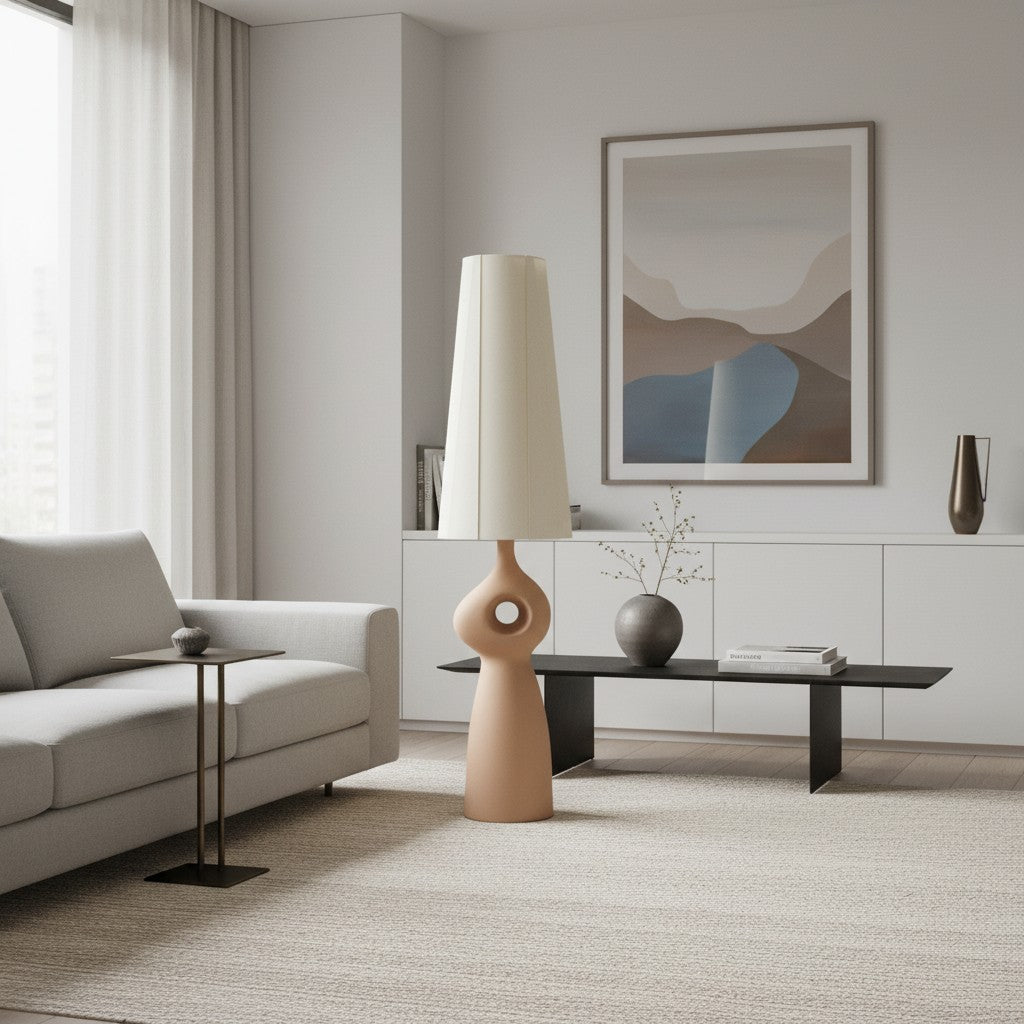 Pryssa Sculptural Ceramic Floor Lamp - Ivory Linen Shade for Living Room Accent