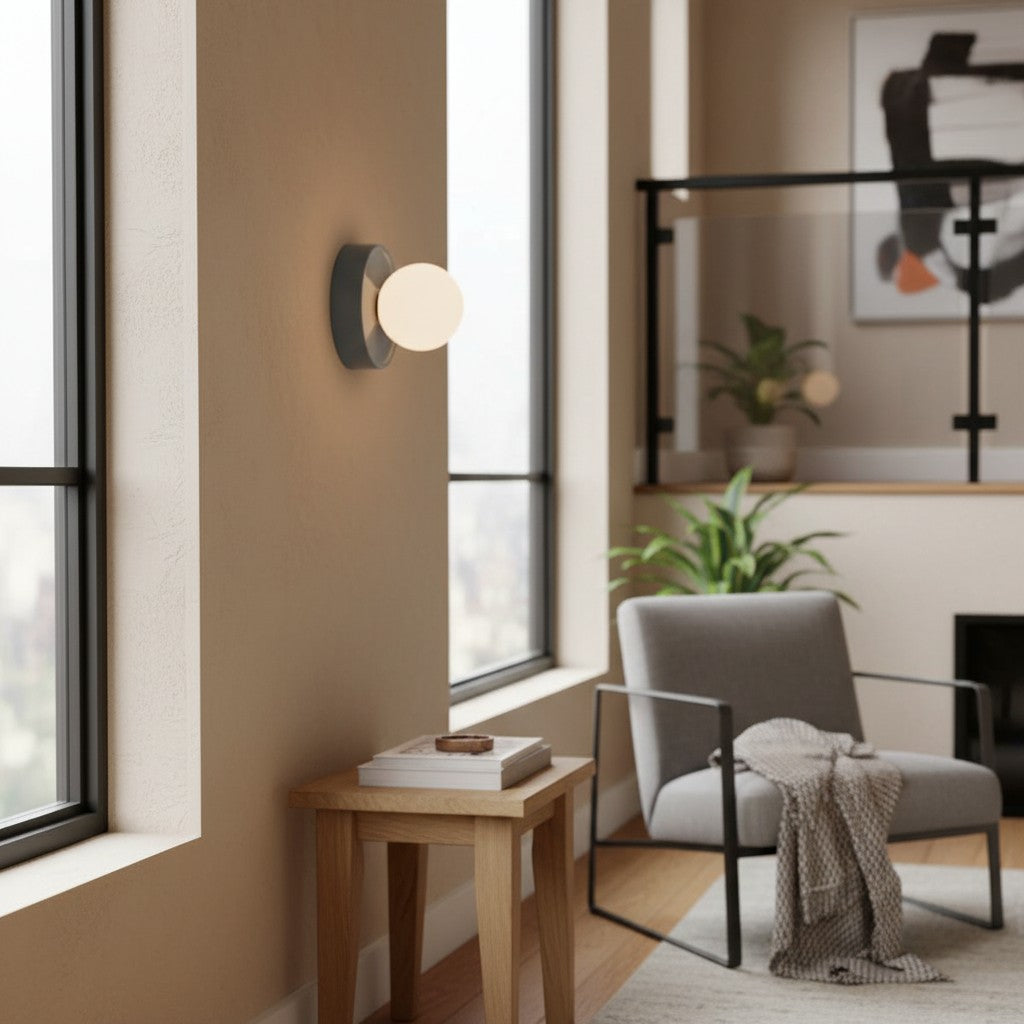Solna Round Glass Wall Sconce with Ceramic Base—Minimalist Lighting for Bedroom or Hallway