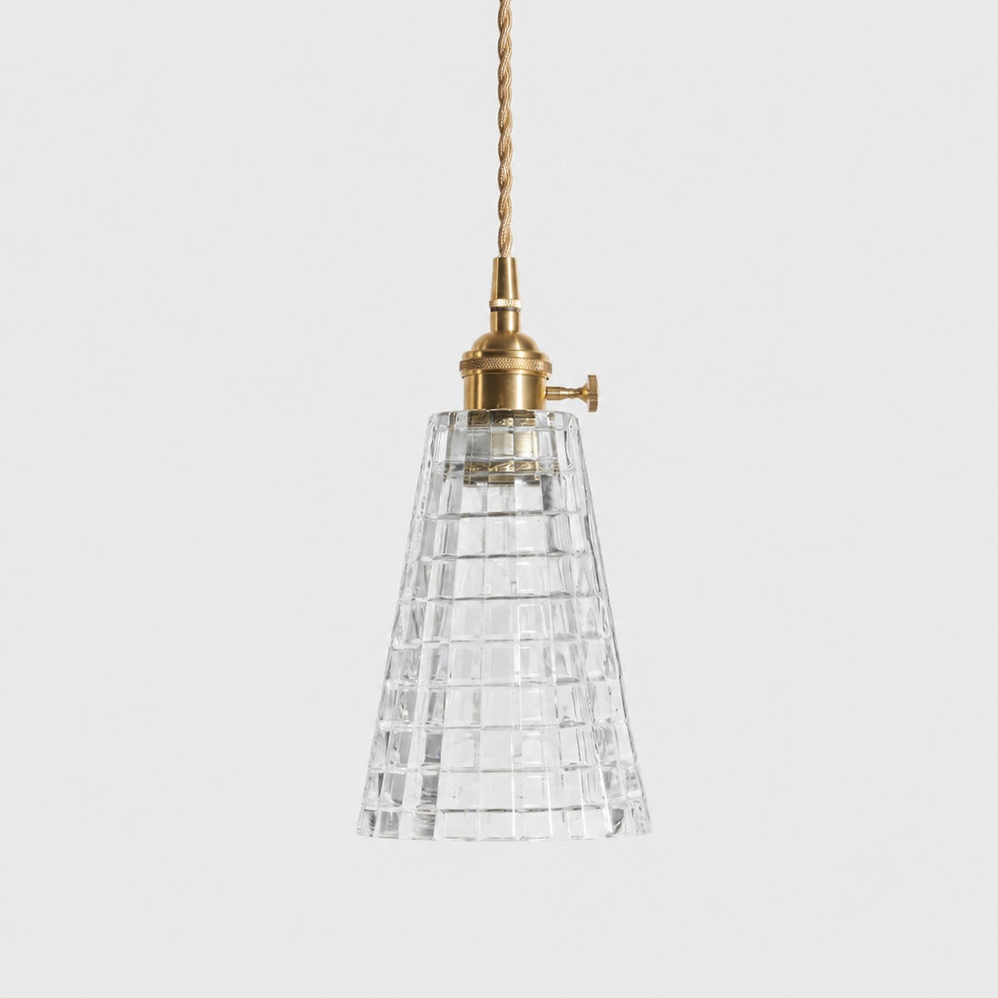 Style F textured glass shade with antique brass E27 socket, front view