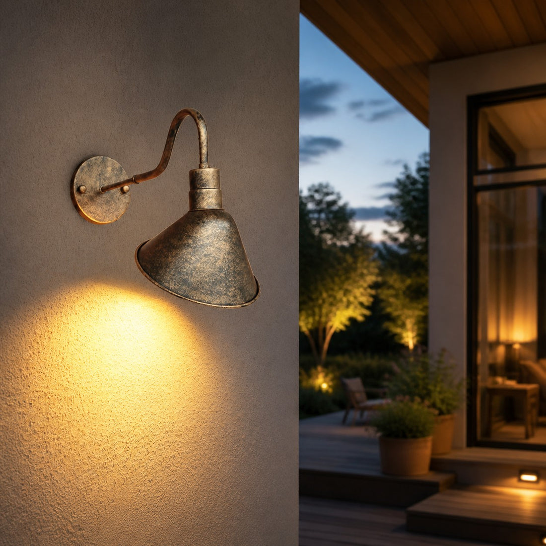 Antique brass cone shade wall sconce on a covered exterior wall