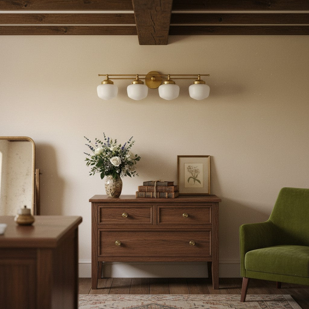 Opalglas Art Deco Vanity Light - Badezimmer-Wandleuchte mit weißen Glasschirmen