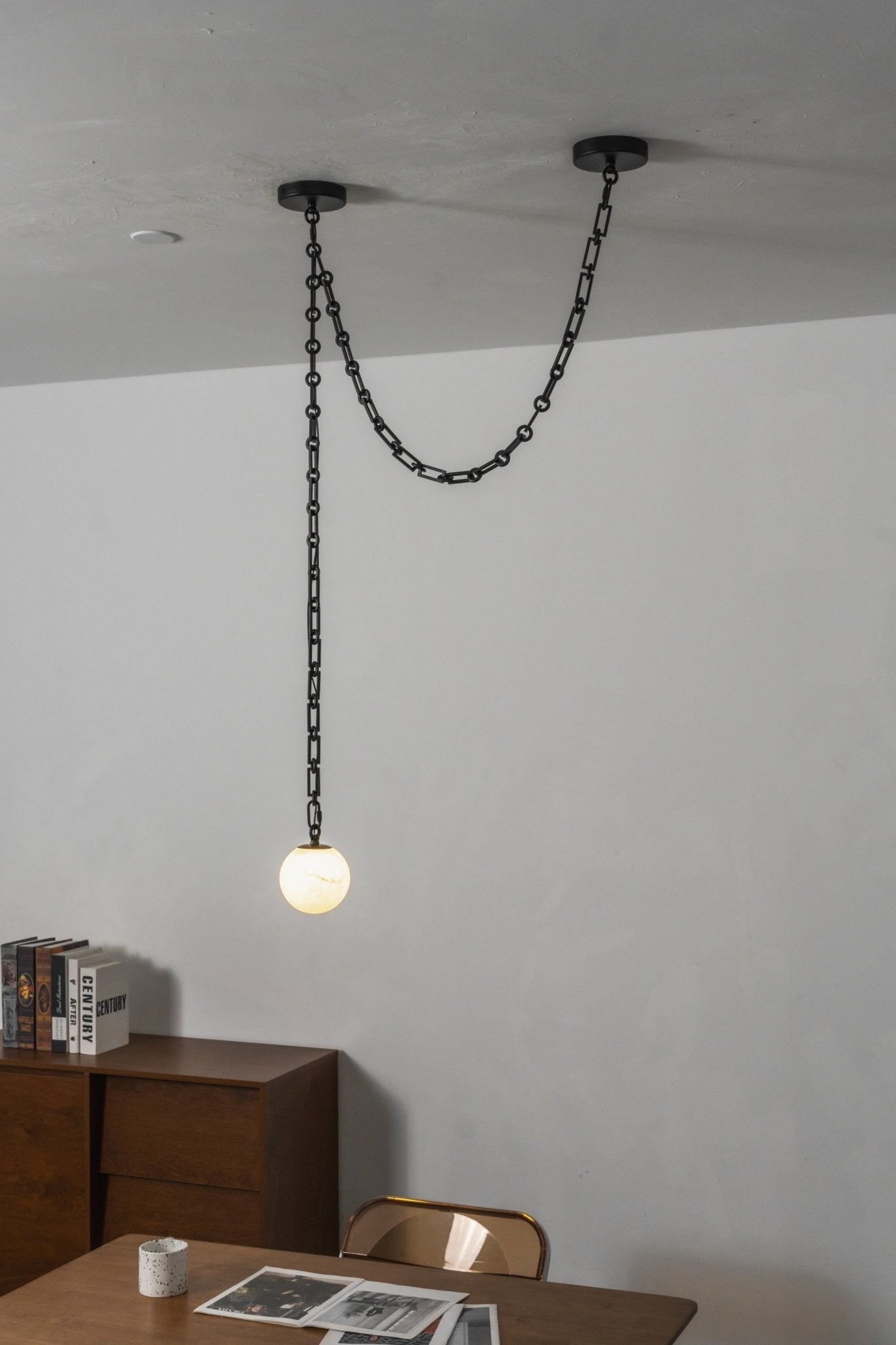 Black Metal Alabaster Globe Hardwired Chandelier