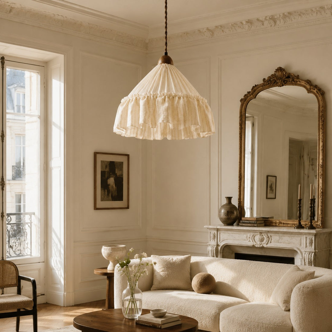 French Country Ruffled Fabric Pendant Light