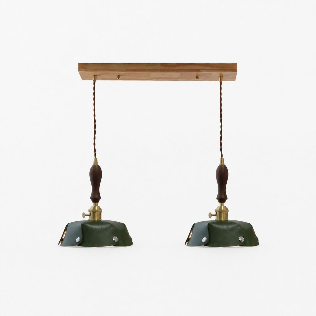 2-Light Linear Pendant Deep Green Leather Bar 50 cm / 19.7 in; Shade Dia. 30 cm / 11.8 in