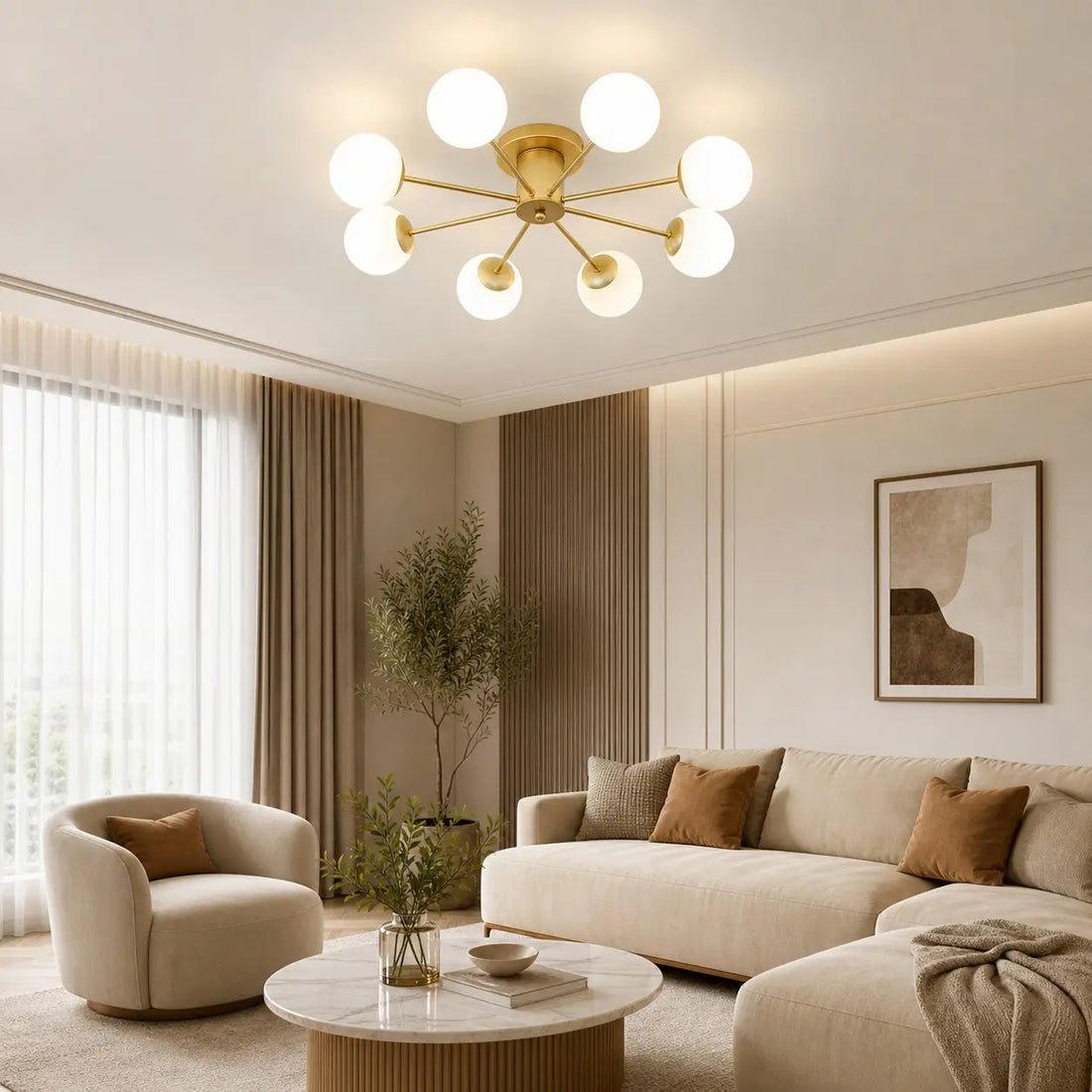 Six-head gold globe ceiling light in a warm living room