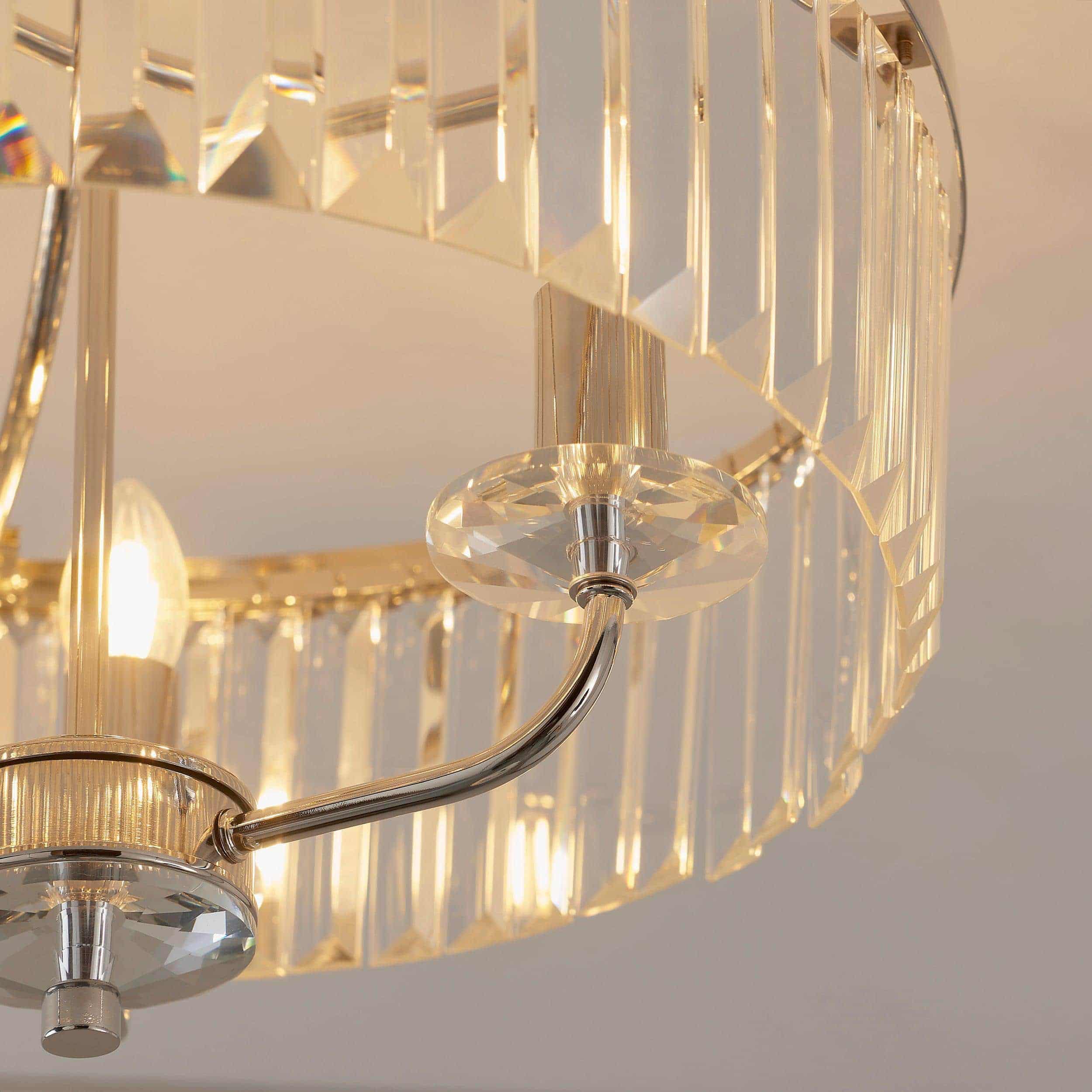 Beveline 3 Light Round Semi Flush - Faceted Cut Glass Shade Metal Finish for Hallways and Bedrooms