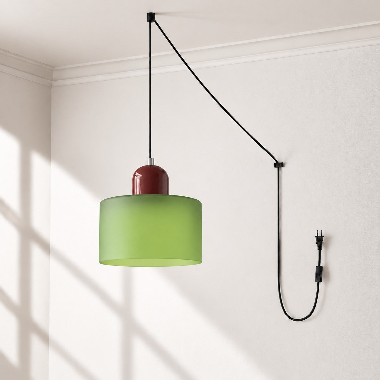 Mid-Century-Makronen-Pendelleuchte mit Stecker und Zugkabel - Bunter Lampenschirm als Hängelampe für die Wohnraumdekoration