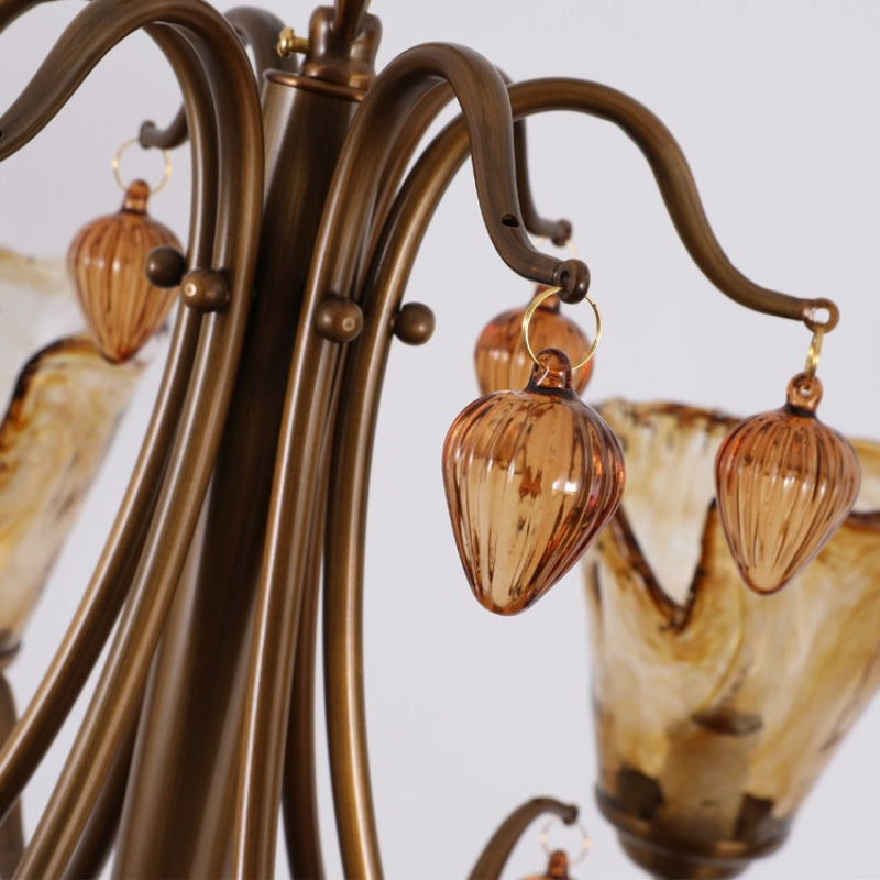 Upward Amber Tulip Glass Metal Chandelier