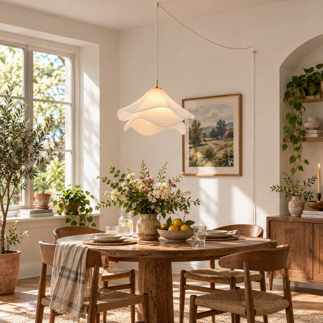 Plug-in-Pendelleuchte mit mehrlagigem plissiertem Stoff
