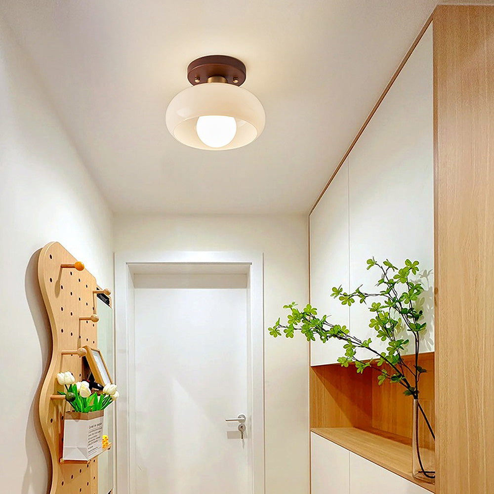 Cream Glass Ceiling Light - Vintage Bauhaus Walnut Lamp for Hallway