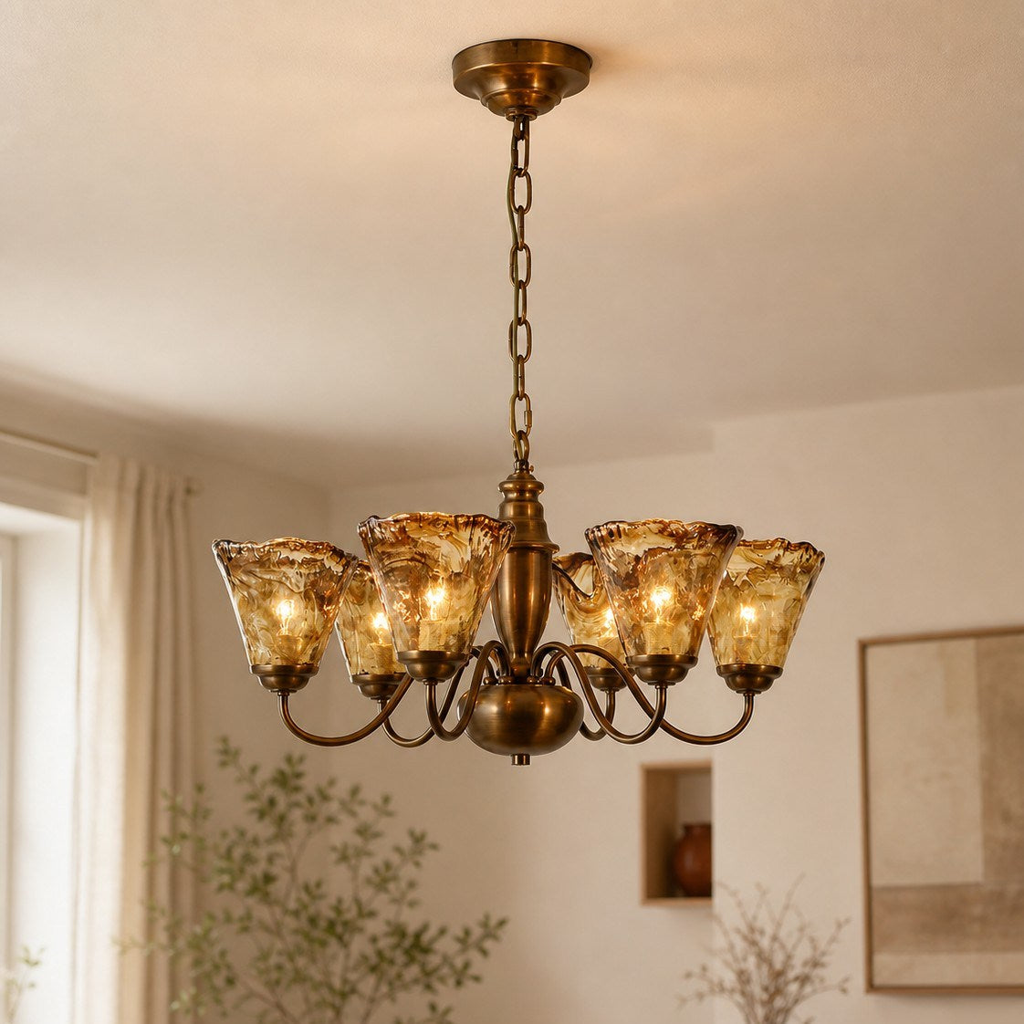 Amber Ruffle Glass Brass Chandelier
