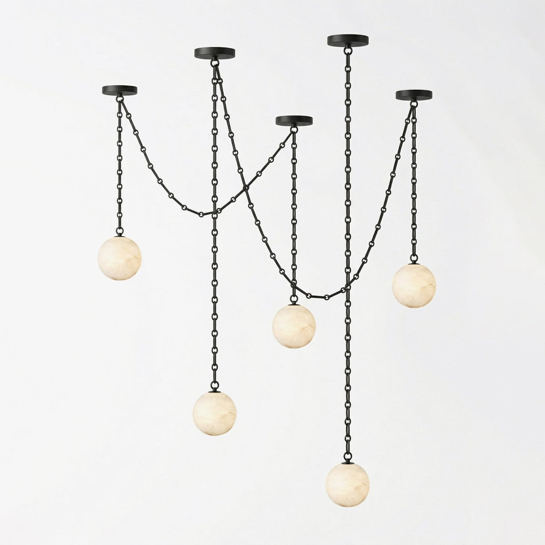 Black Metal Alabaster Globe Hardwired Chandelier