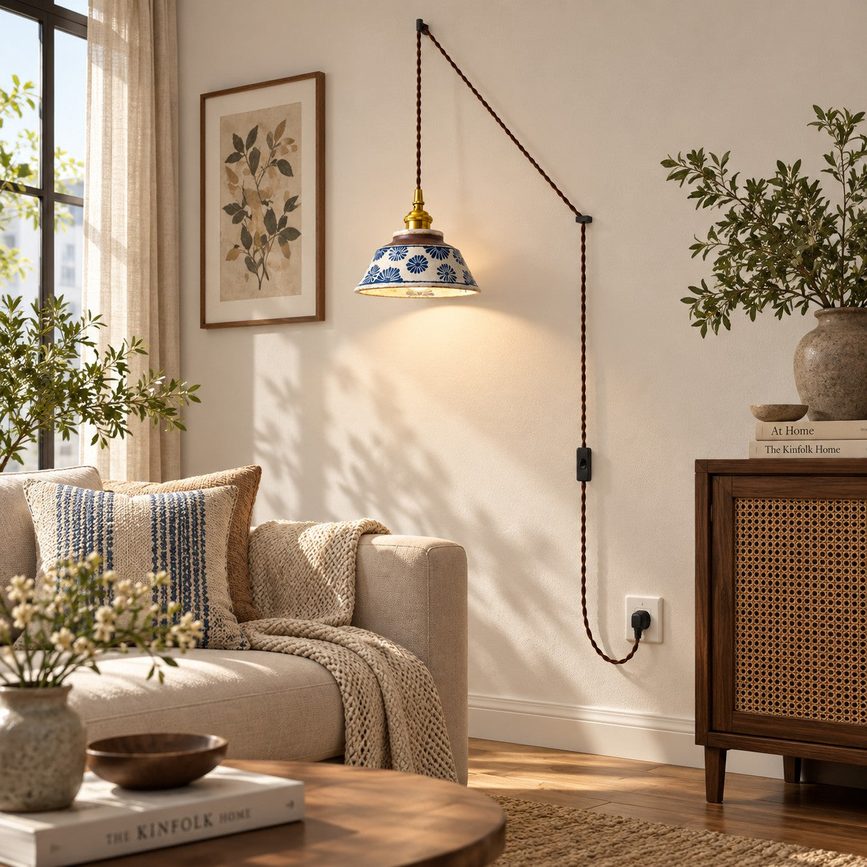 Handbemalte Plug-in-Hängeleuchte mit Lampenschirm aus Keramik