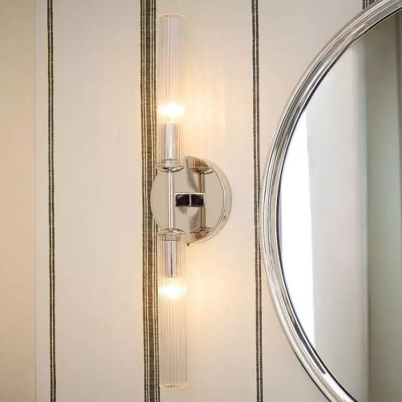 Alice Rustikale transparente Cooper-Wandleuchte mit geripptem Glas und Doppelröhre