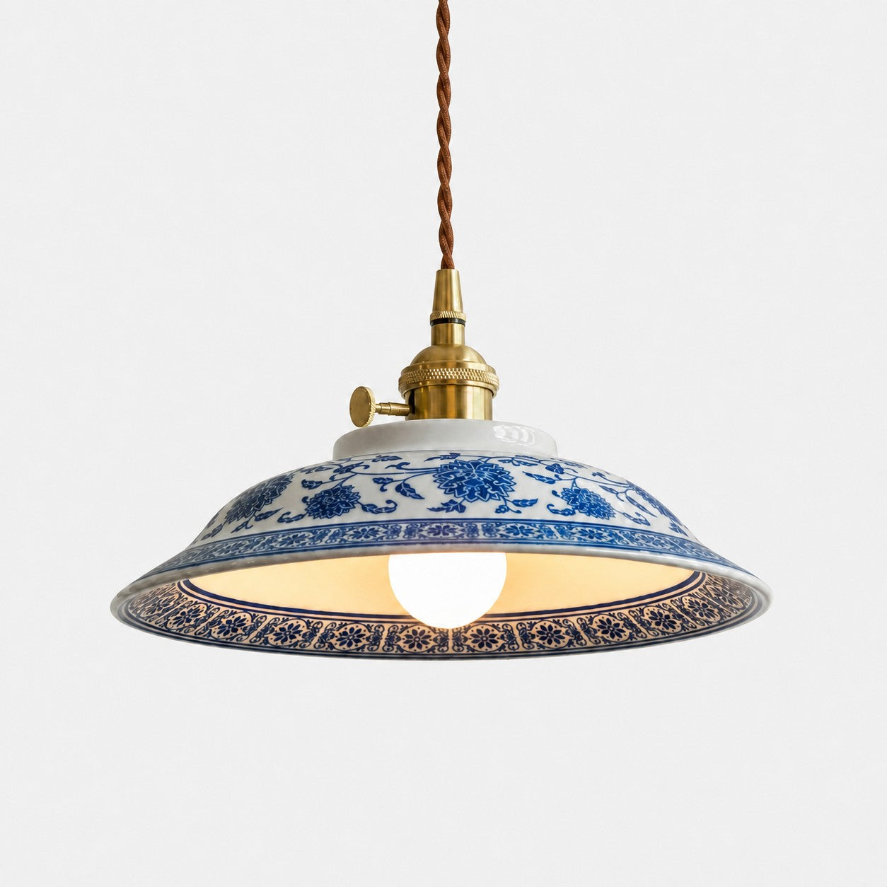 Blue And White Ceramic Pendant Light with Brass Accents