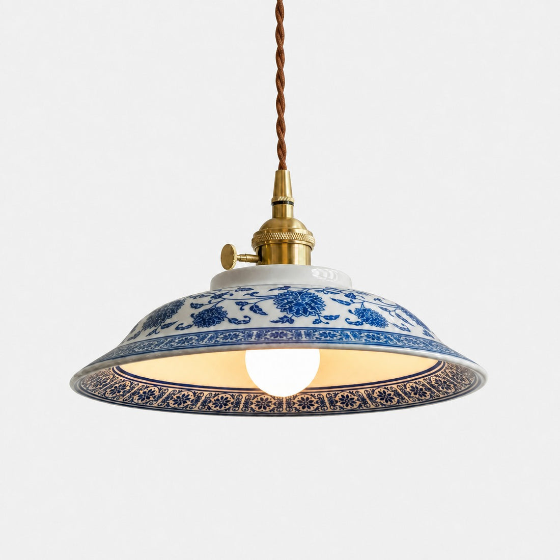 Blue And White Ceramic Pendant Light with Brass Accents
