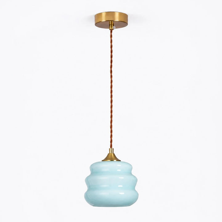 Blue ribbed glass pendant light full view