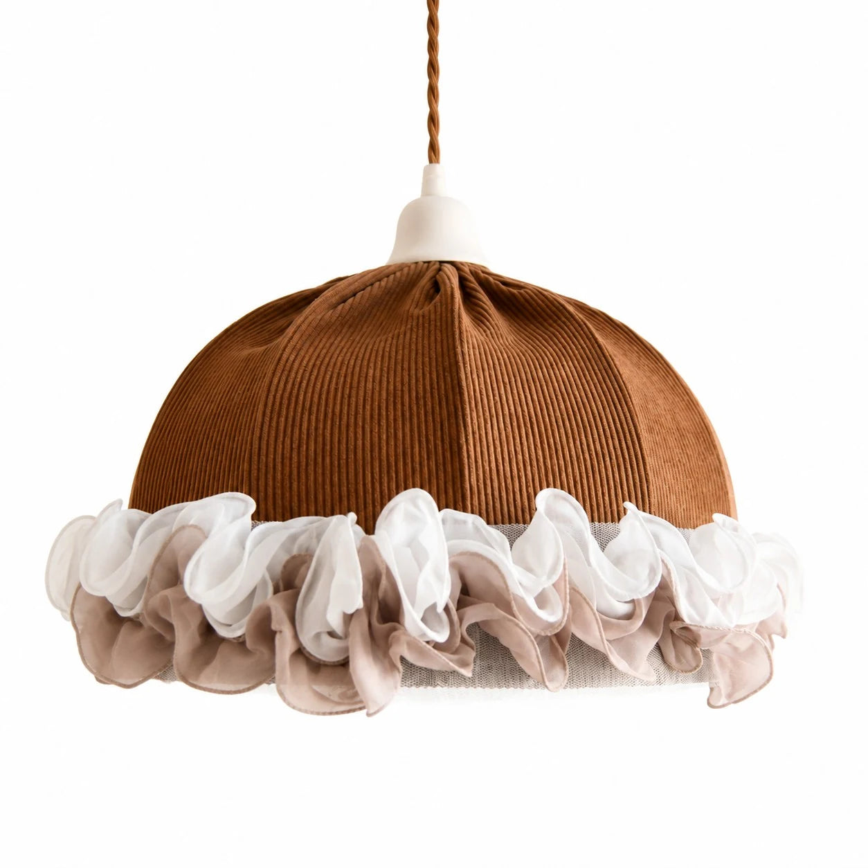 Brown and white ruffled fabric pendant light