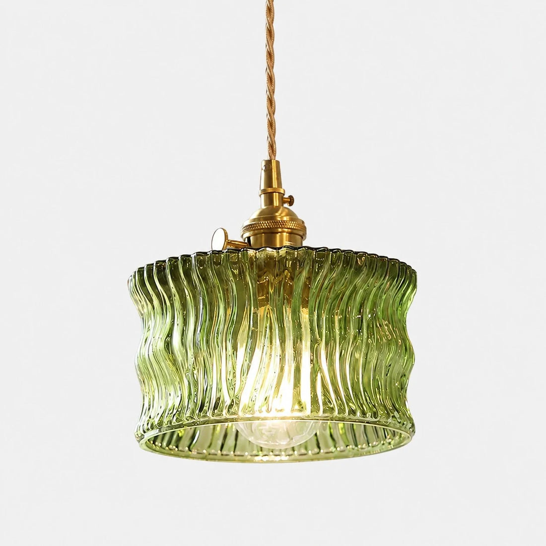 Olive green ripple glass ceiling pendant with warm bulb