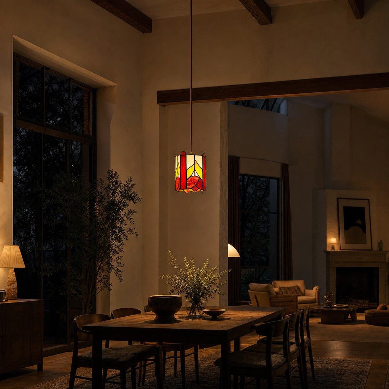 Rose motif pendant in a tall evening room