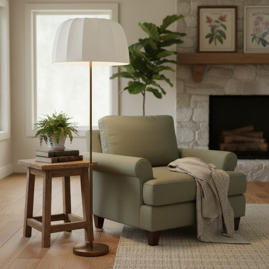 Vellaro Brass Floor Lamp with Fabric Shade – Modern Standing Light for Living Room or Bedroom
