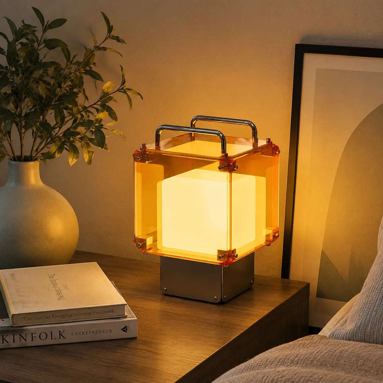 Rechargeable table lamp in a warm bedroom setting