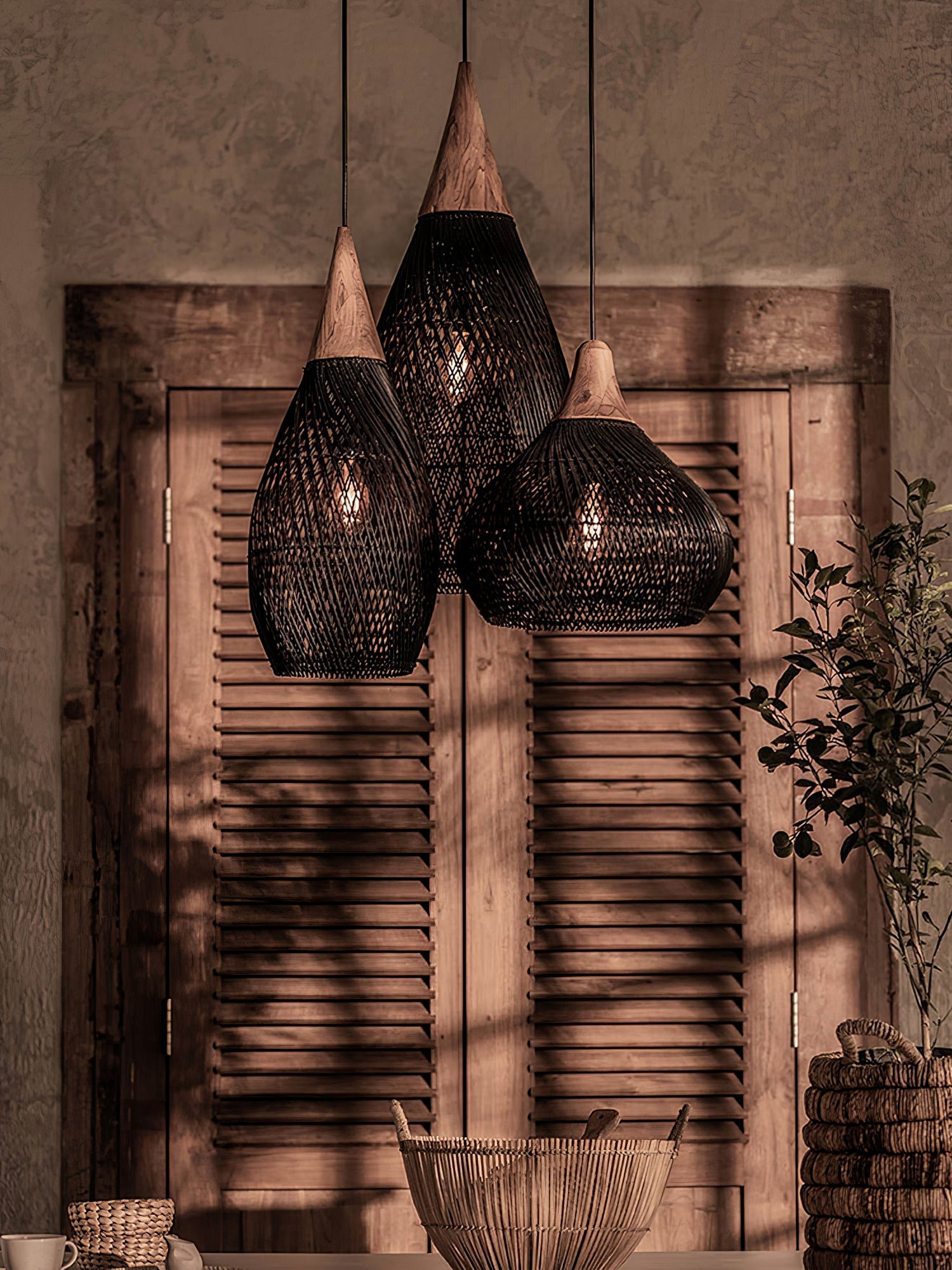 Woven Rattan Wood Plug-In Pendant Light