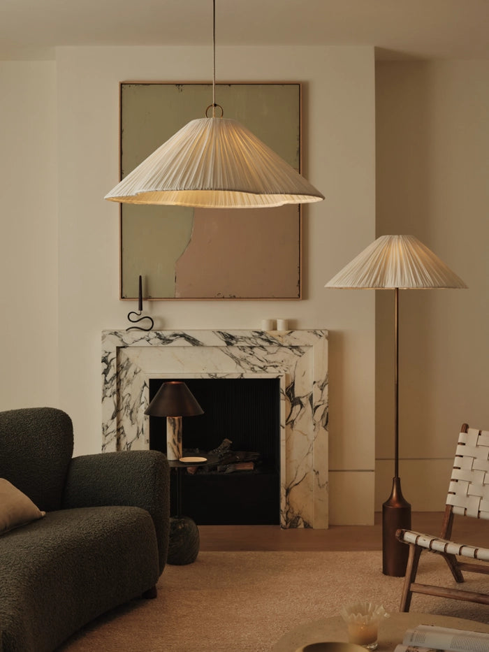 Lindi - aged brass and linen scalloped floor lamp