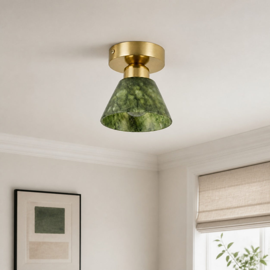 Green Jade and Brushed Brass Flush Mount Ceiling Light