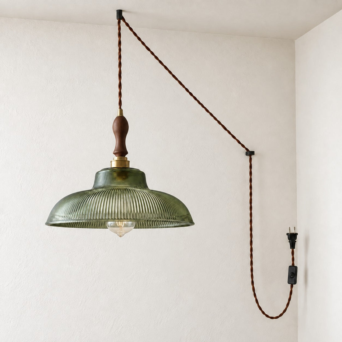 Vintage Ribbed Glass Shade Plug‑in Swag Pendant Light - Hanging Lamp for Dining and Living Room