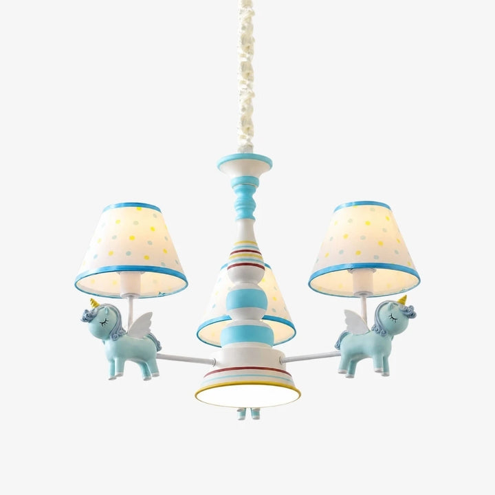 Blue kids room chandelier with three fabric shades