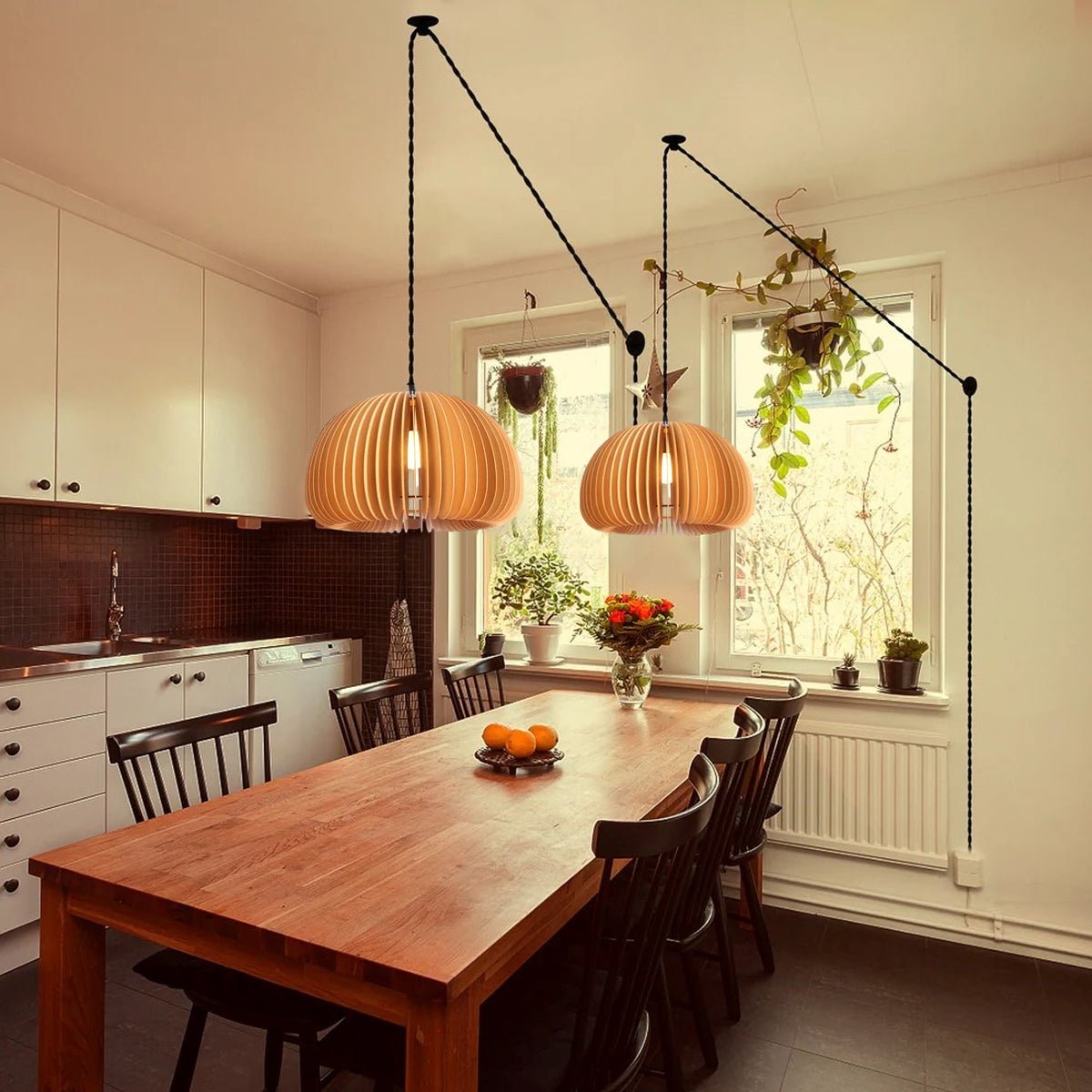 Rounded Wood Slat Swag Pendant Light