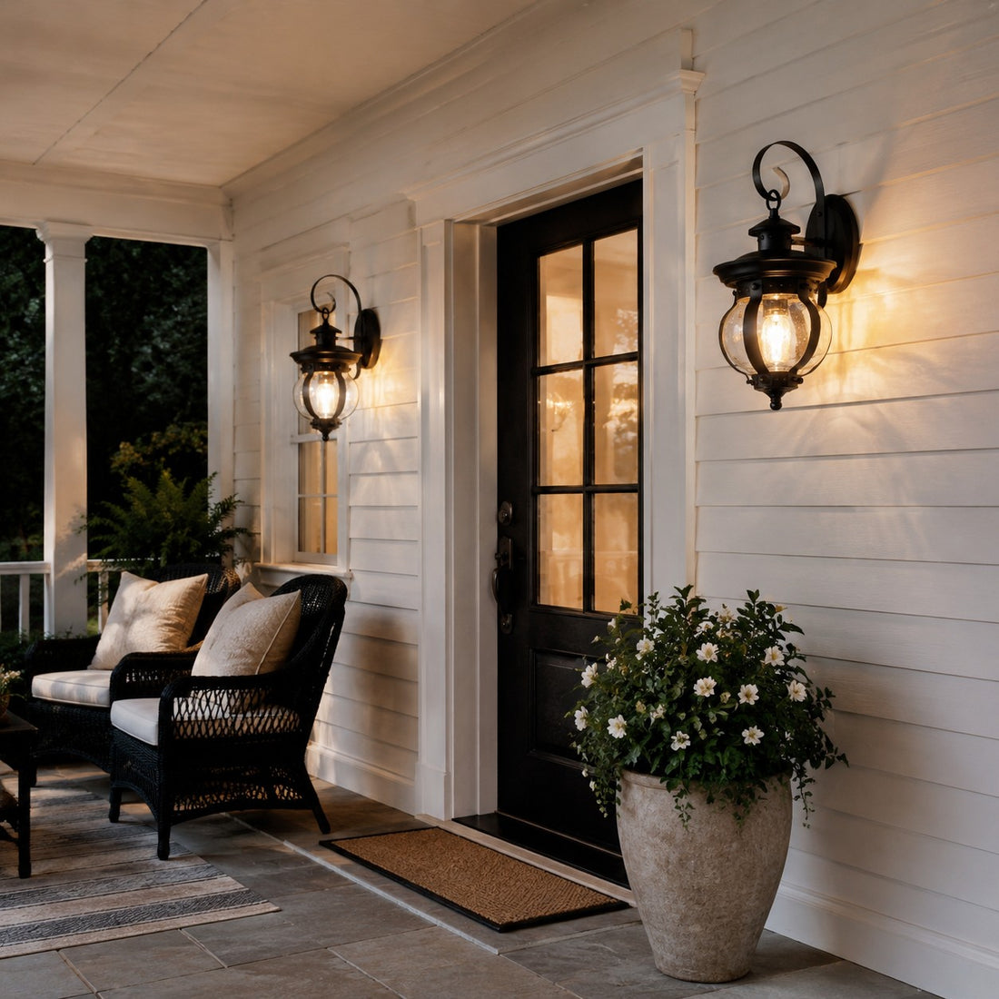 Outdoor wall lantern on a covered porch