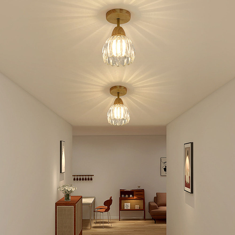 Clear Glass Ceiling Light - Minimalist Flower Wood Fixture for Hallway
