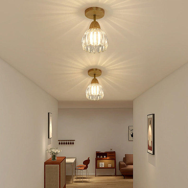 Clear Glass Ceiling Light - Minimalist Flower Wood Fixture for Hallway