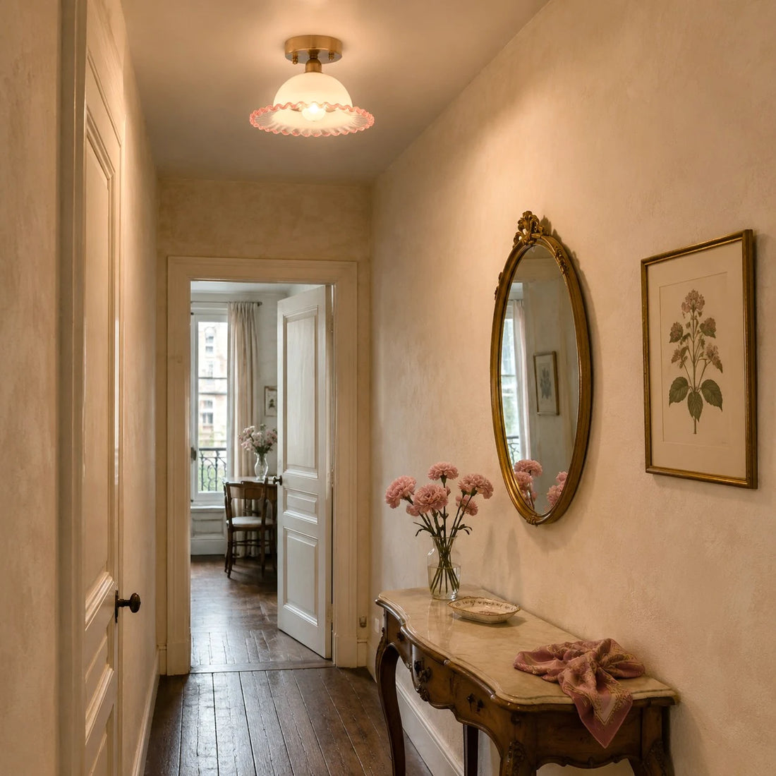 ruffled glass flush mount ceiling light in a narrow hallway