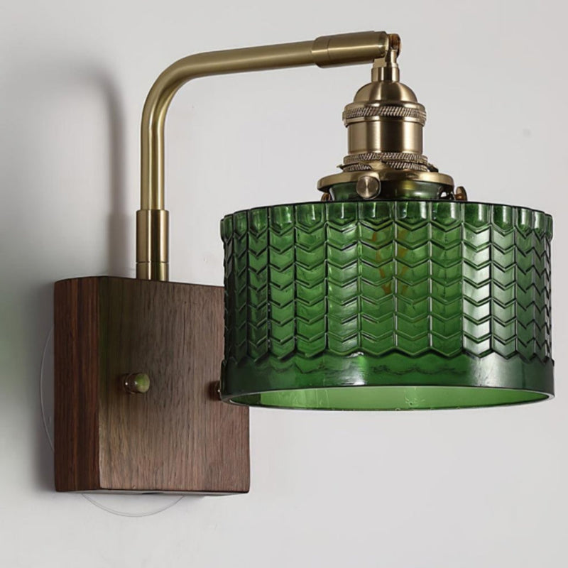 Vintage Ripple Glass Wooden Base Wall Sconce Bedside Lamp with Plug