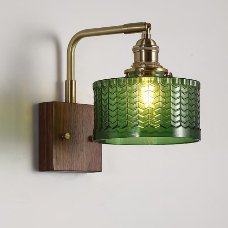 Vintage Ripple Glass Wooden Base Wall Sconce Bedside Lamp with Plug