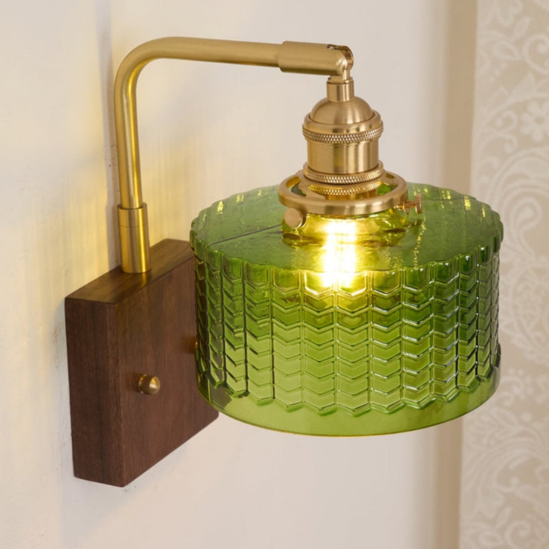 Vintage Ripple Glass Wooden Base Wall Sconce Bedside Lamp with Plug
