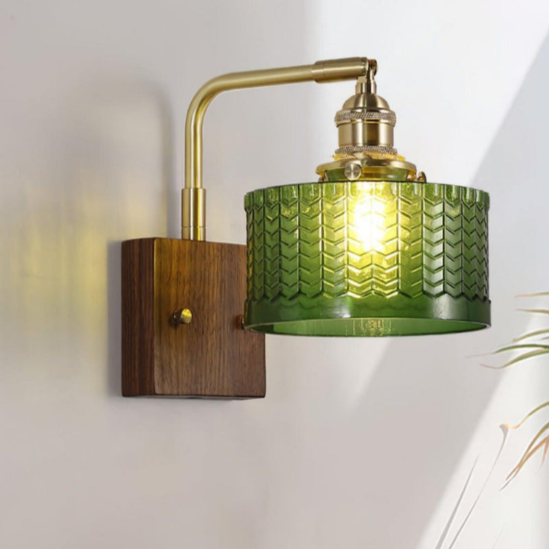 Vintage Ripple Glass Wooden Base Wall Sconce Bedside Lamp with Plug