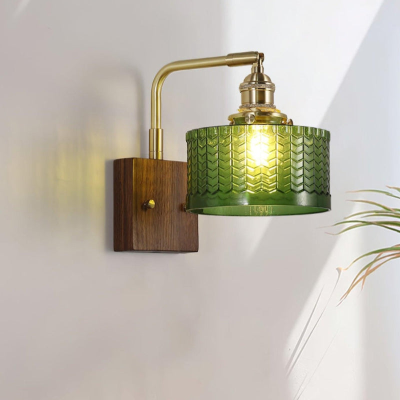 Vintage Ripple Glass Wooden Base Wall Sconce Bedside Lamp with Plug