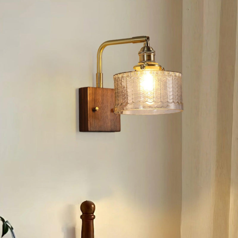 Vintage Ripple Glass Wooden Base Wall Sconce Bedside Lamp with Plug