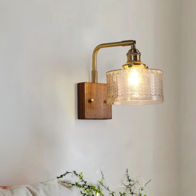 Vintage Ripple Glass Wooden Base Wall Sconce Bedside Lamp with Plug