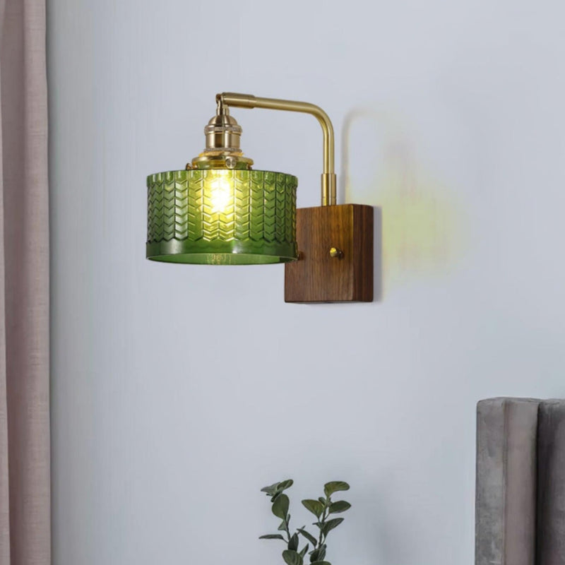 Vintage Ripple Glass Wooden Base Wall Sconce Bedside Lamp with Plug