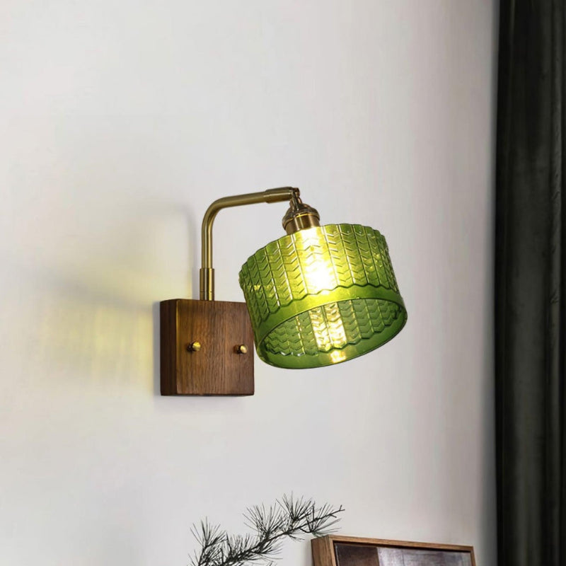 Vintage Ripple Glass Wooden Base Wall Sconce Bedside Lamp with Plug