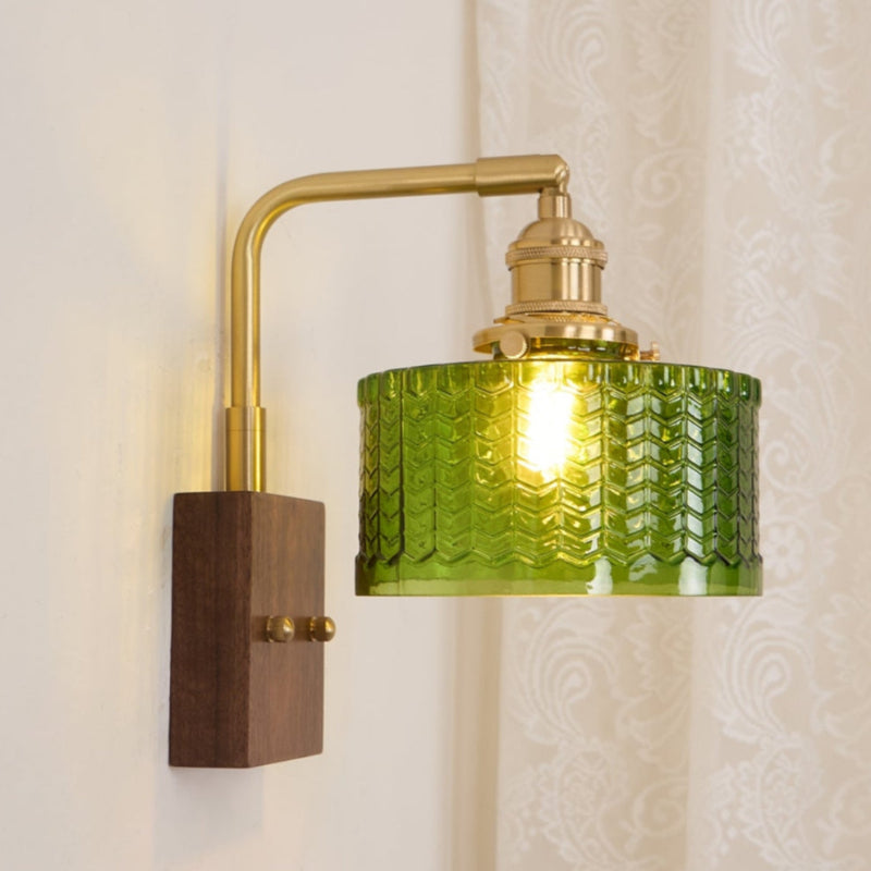 Vintage Ripple Glass Wooden Base Wall Sconce Bedside Lamp with Plug