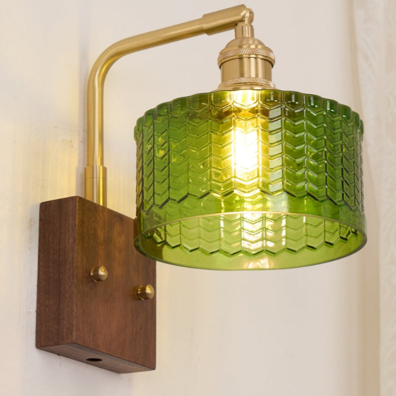 Vintage Ripple Glass Wooden Base Wall Sconce Bedside Lamp with Plug